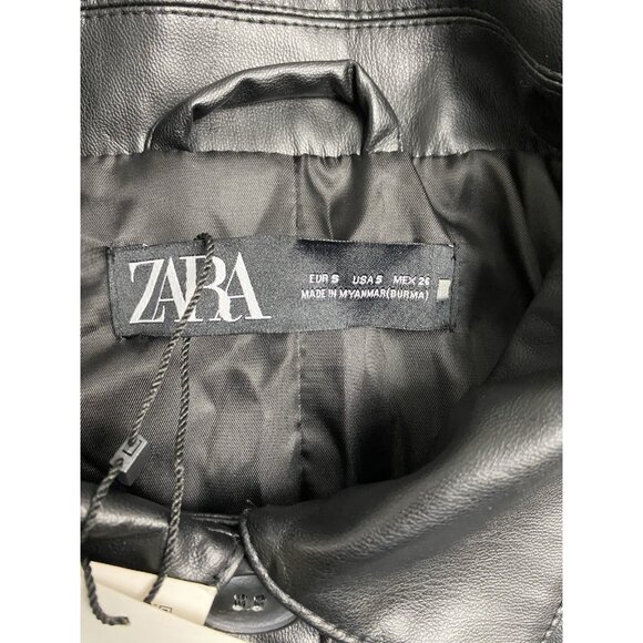 Zara Black Faux Leather Short Trench Water Repellent Jacket Women’s Size Small - Picture 13 of 13